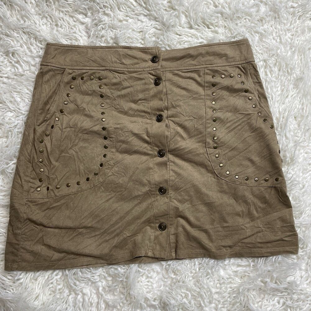 Wrangler Faux Suede Button Front Tan Mini Skirt L, Studded Western Rodeo